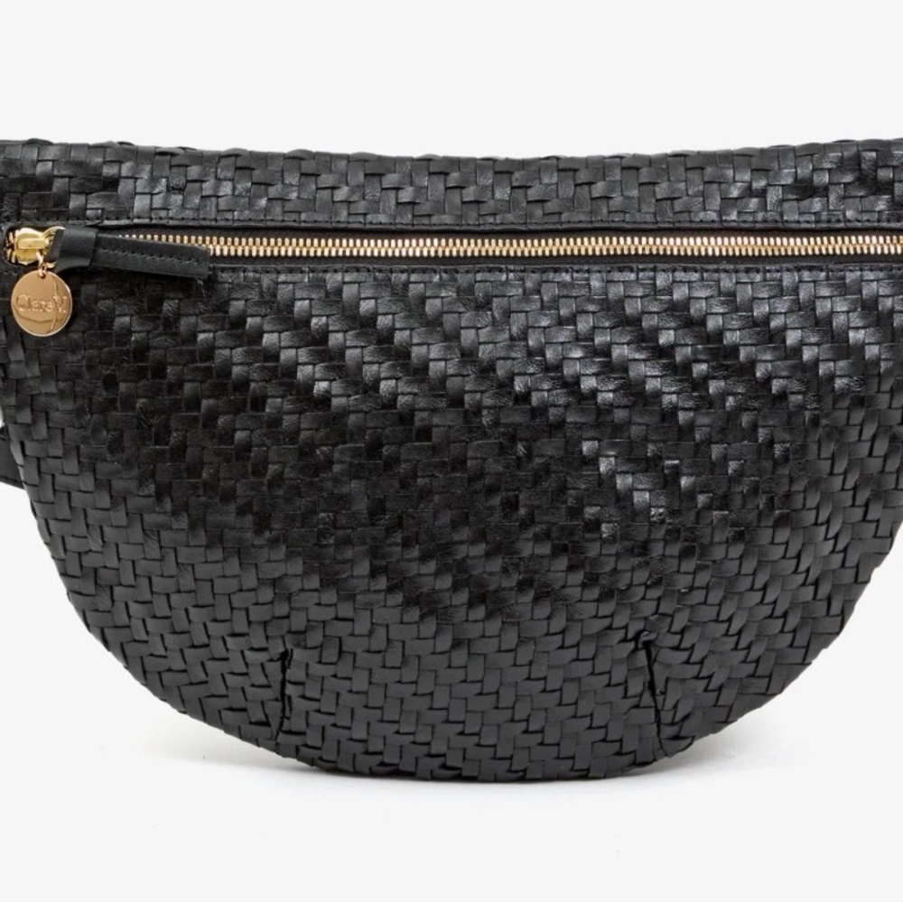 Clare V. Grande Fanny Woven Black Half-Moon Crossbody Bag with Gold Zip